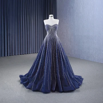 High End Navy Blue Handmade Beading Rhinestone Prom Dresses 2023 A Line Princess Strapless Sleeveless Backless Sweep Train Prom Formal Dresses