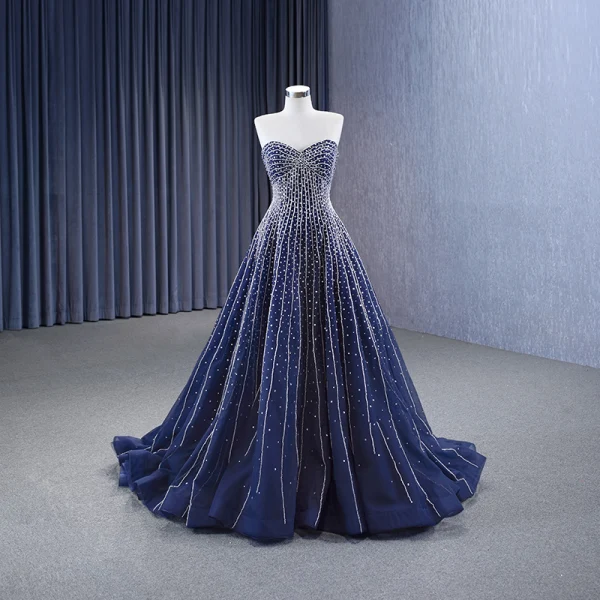navy ribbon placement dress blues Navy Blue Tulle Prom Dresses Off Shoulder Beaded Corset – Lisposa main image 1