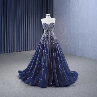 Haut De Gamme Bleu Marine Fait Main Perlage Faux Diamant Robe De Bal 2023 Princesse Bustier Sans Manches Dos Nu Train De Balayage Promo Robe De Ceremonie
