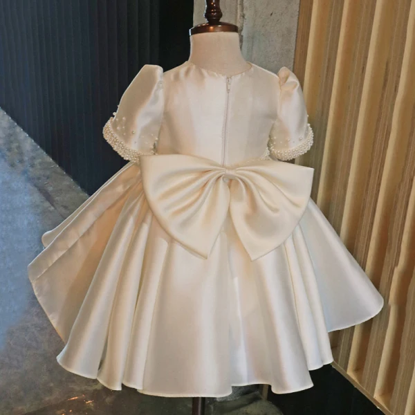 Elegant Ivory Pearl Bow Flower Girl Dresses 2023 Ball Gown Scoop Neck Short Sleeve Birthday