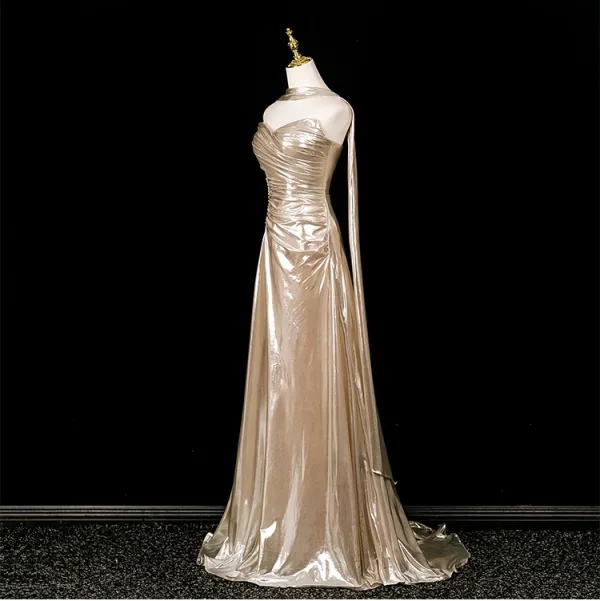 Sexy Champagner Sweep / Pinsel Zug Abendkleider 2025 Meerjungfrau Bandeau Ärmellos Rückenfreies Abend Festliche Kleider
