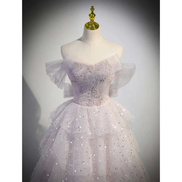 Glitzernden Charmant Lavendel Perlenstickerei Pailletten Fallende Rüsche Ballkleider 2023 A Linie Off Shoulder Ärmellos Rückenfreies Lange Ball Festliche Kleider