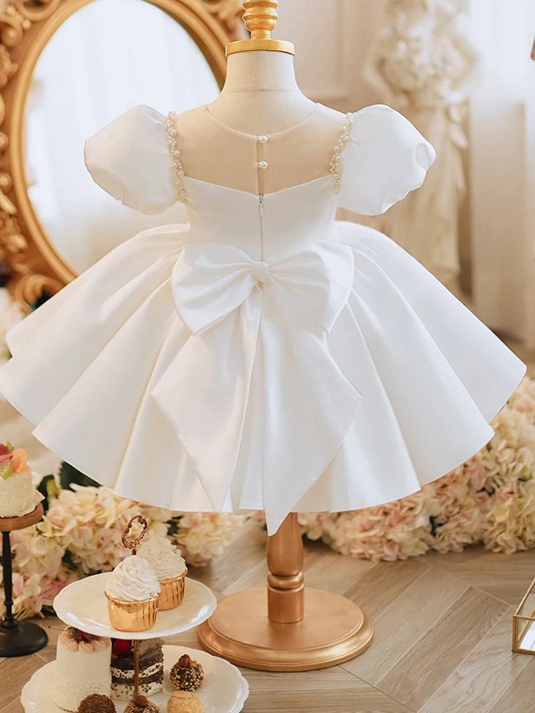 Elegant White Pearl Bow Short Birthday Flower Girl Dresses 2023 Ball Gown Scoop Neck
