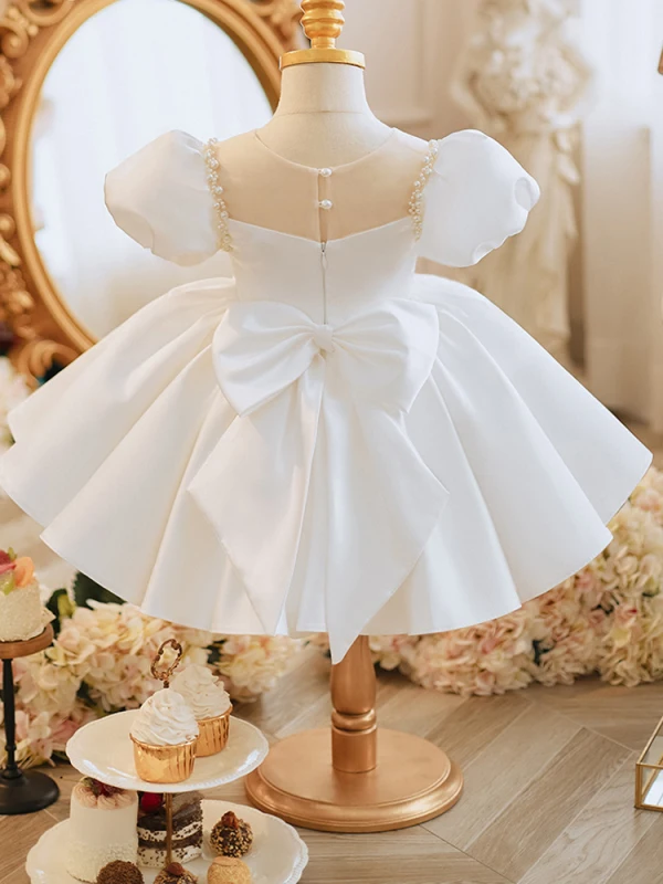 white and gold puffy dresses Floral Applique Puffy Tulle Flower Girl Dress main image 0