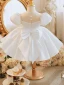 Elegant White Pearl Bow Short Birthday Flower Girl Dresses 2023 Ball Gown Scoop Neck Puffy Short Sleeve