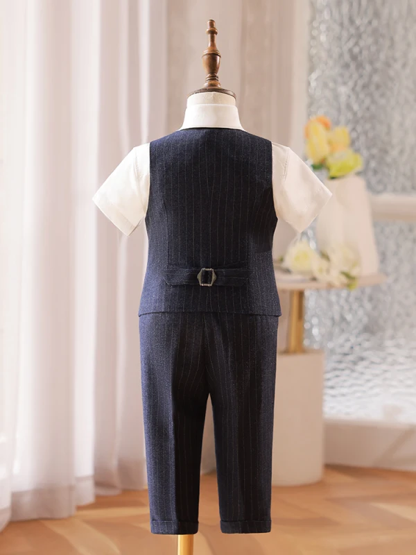 Navy Blue Striped 5-piece Boys Wedding Suits 2022 Short Sleeve Body Jewellery Pants Shirt Tie Vest