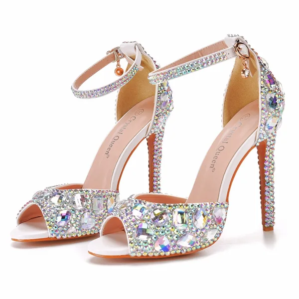 Charmant Weiß Multifarben Strass Brautschuhe 2022 Knöchelriemen 11 cm Stilettos Peeptoes Hochzeit Sandaletten Hochhackige