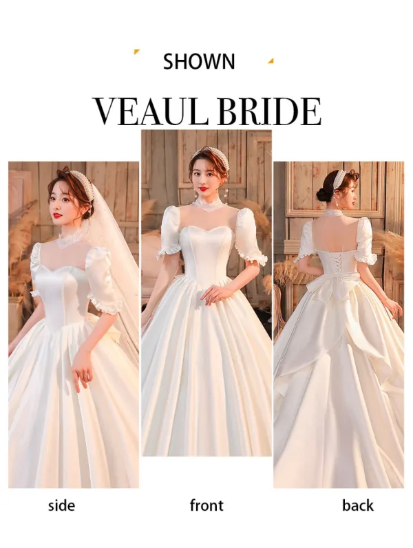 Vintage / Retro Ivory Ball Gown Wedding Dresses 2021 Crossed Straps Satin Lace High Neck 1/2 Sleeves Chapel Train Bridal Wedding