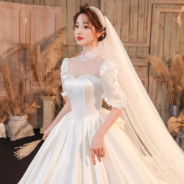 Vintage / Retro Ivory Ball Gown Wedding Dresses 2021 Crossed Straps Satin Lace High Neck 1/2 Sleeves Chapel Train Bridal Wedding