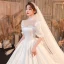 Vintage / Retro Ivory Ball Gown Wedding Dresses 2021 Crossed Straps Satin Lace High Neck 1/2 Sleeves Chapel Train Bridal Wedding