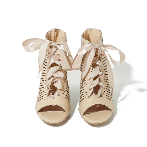 Romain Beige Vêtement de rue Percé Sandales Femme 2023 8 cm Talons Épais Peep Toes / Bout Ouvert Sandales Talons Hauts