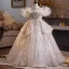 Bling Bling Champagne Beading Pearl Rhinestone Birthday Flower Girl Dresses 2025 Ball Gown Off-The-Shoulder Short Sleeve Backless Floor-Length / Long