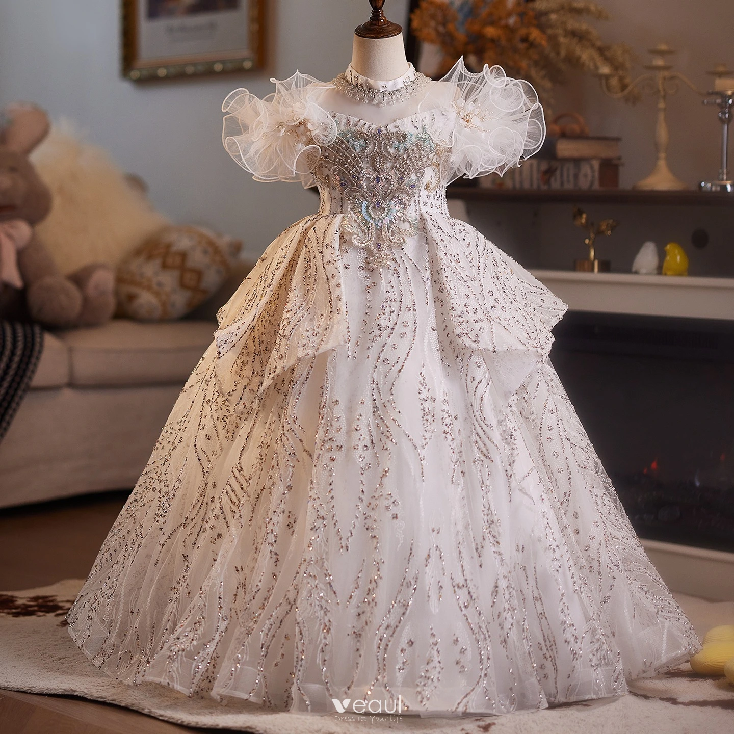 Bling Bling Champagne Beading Pearl Rhinestone Birthday Flower Girl Dresses 2025 Ball