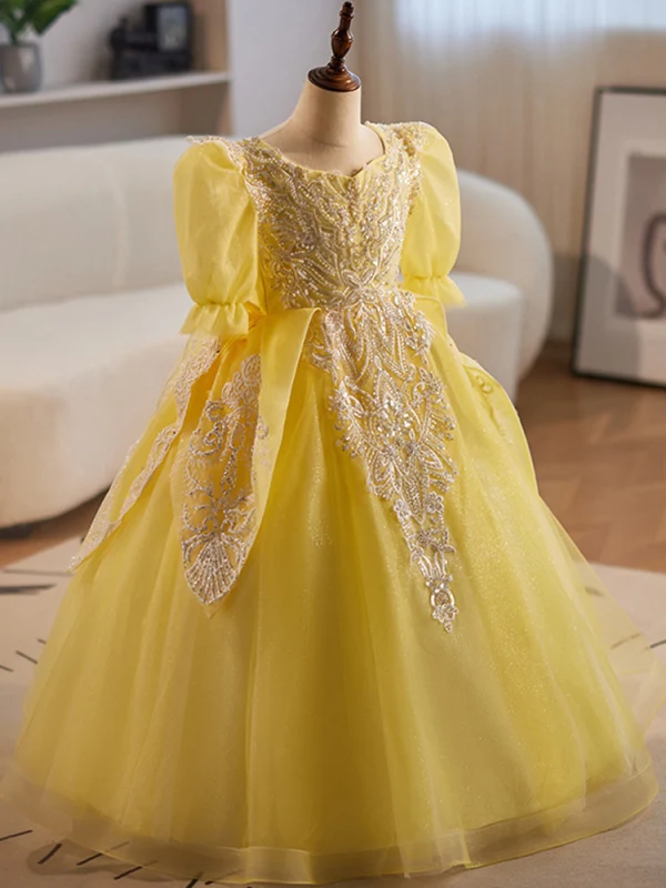 Vintage / Retro Yellow Beading Pearl Sequins Flower Girl Dresses 2024 Ball Gown Square Neckline Birthday 1/2 Sleeves Backless Floor-Length / Long