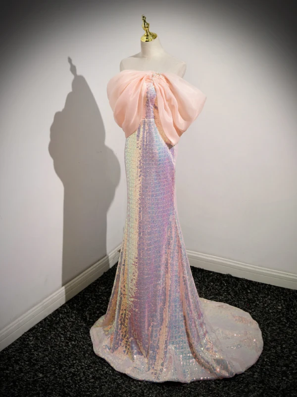 Sexy Rougissant Rose Laser Paillettes Robe De Soirée 2023 Trompette / Sirène De l'épaule Manches Courtes Dos Nu Train De Balayage Soirée Robe De Ceremonie