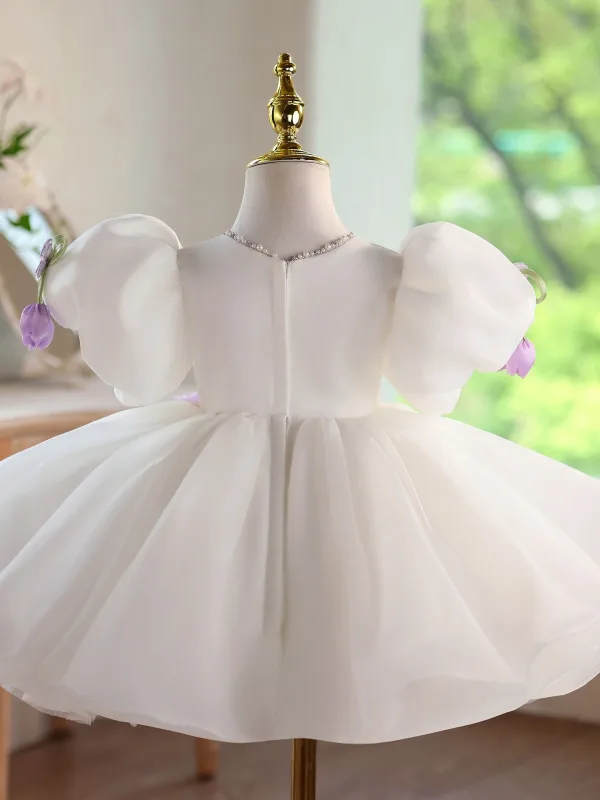 Chic / Beautiful White Beading Lace Flower Appliques Birthday Short Flower Girl Dresses 2026 Ball Gown Scoop Neck Puffy Short Sleeve