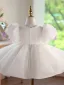 Chic / Beautiful White Beading Lace Flower Appliques Birthday Short Flower Girl Dresses 2026 Ball Gown Scoop Neck Puffy Short Sleeve