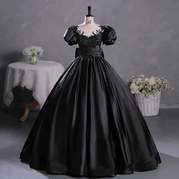 Vintage Originale Noire Perlage En Dentelle Fleur Satin Robe De Bal 2023 Robe Boule Encolure Dégagée Manches Courtes Noeud Longue Promo Robe De Ceremonie