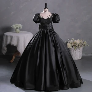 Vintage Schwarz Perlenstickerei Spitze Blumen Satin Ballkleider 2023 Ballkleid Rundhalsausschnitt Kurze Ärmel Schleife Lange Ball Festliche Kleider