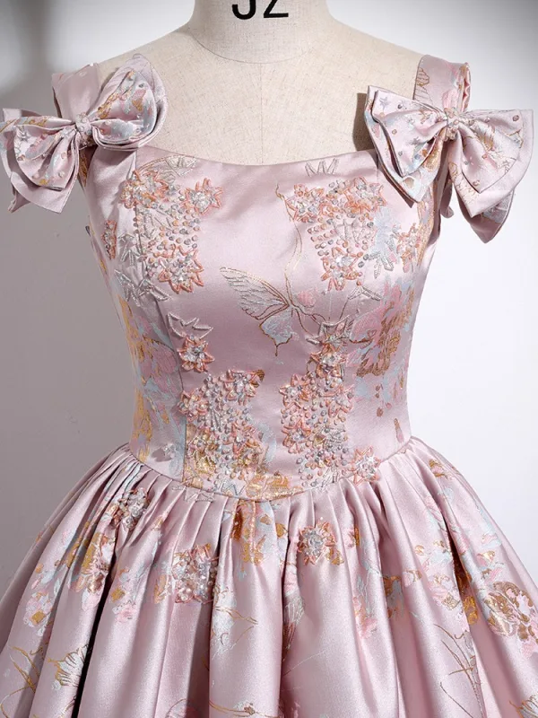 Elegant Beige Lace Flower Bow Satin Prom Dresses 2024 Ball Gown Square  Neckline Sleeveless Backless Floor-
