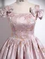 Elegant Beige Lace Flower Bow Satin Prom Dresses 2024 Ball Gown Square Neckline Sleeveless Backless Floor-Length / Long Prom Formal Dresses