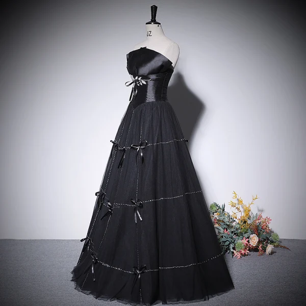 Elegant Black Pearl Bow Prom Dresses 2022 A-Line / Princess Strapless Sleeveless Backless Floor-Length / Long Prom Formal Dresses