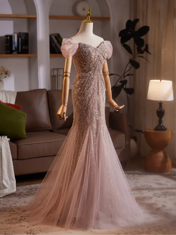 Haut de Gamme Charmant Champagne Perlage Paillettes Robe De Soirée 2025 Trompette / Sirène De l'épaule Manches Courtes Dos Nu Train De Balayage Soirée Robe De Ceremonie