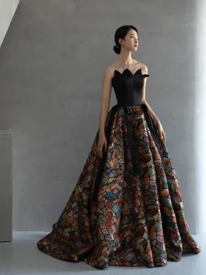 Vintage Retro Multi Colors Ink Painting Black Prom Dresses 2024 Ball Gown Strapless Sleeveless Backless Floor Length Long Prom Formal Dresses