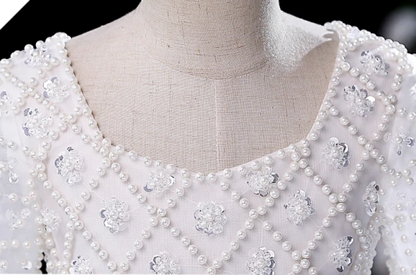 Chic / Beautiful White Beading Pearl Sequins Birthday Flower Girl Dresses 2024 Ball Gown Square Neckline Short Sleeve Floor-Length / Long