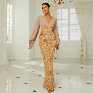 Charming Gold Sequins Evening Dresses 2022 Trumpet Mermaid V Neck Long Sleeve Evening Party Floor Length Long Formal Dresses
