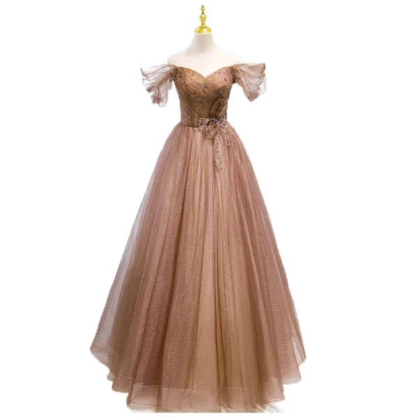 Schöne Kaffee Perlenstickerei Strass Pailletten Ballkleider 2022 A Linie Off Shoulder Kurze Ärmel Rückenfreies Lange Ball Festliche Kleider