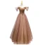 Schöne Kaffee Perlenstickerei Strass Pailletten Ballkleider 2022 A Linie Off Shoulder Kurze Ärmel Rückenfreies Lange Ball Festliche Kleider