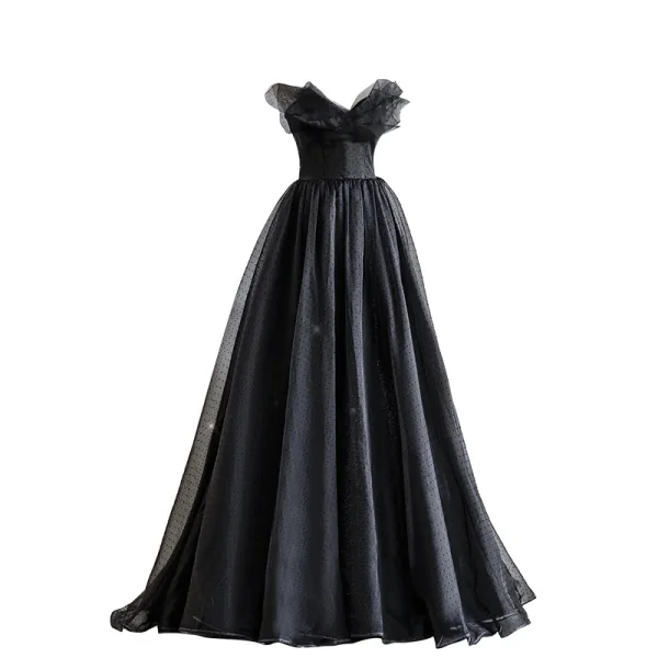 Chic / Beautiful Black Spotted Prom Dresses 2022 A-Line / Princess Strapless Sleeveless Backless Floor-Length / Long Prom Formal Dresses