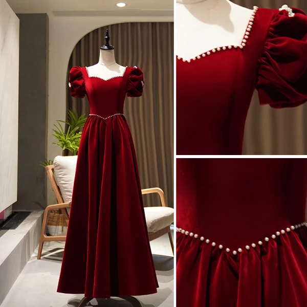 Elegant Burgundy Pearl Prom Dresses 2022 A-Line / Princess Square Neckline Short Sleeve Backless Bow Floor-Length / Long Prom Formal Dresses