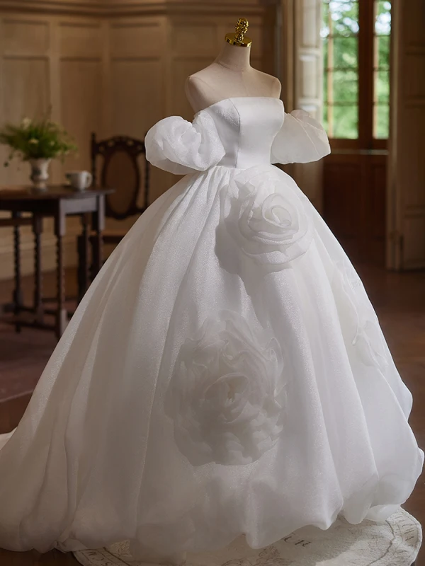 Vintage / Originale Blanche Appliques Robe De Bal 2024 Robe Boule De l'épaule Gonflée Manches Courtes Dos Nu Longue Promo Robe De Ceremonie