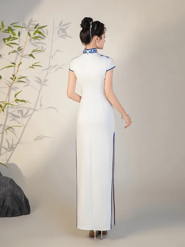 Chinese style White Lace Flower Split Front Cheongsam 2025 Trumpet / Mermaid High Neck Short Sleeve Floor-Length / Long Evening Party Cheongsam / Qipao