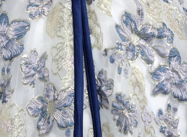 Elegant Navy Blue Printing Prom Dresses 2024 Ball Gown Square Neckline Short Sleeve Backless Bow Sash Floor-Length / Long Prom Formal Dresses