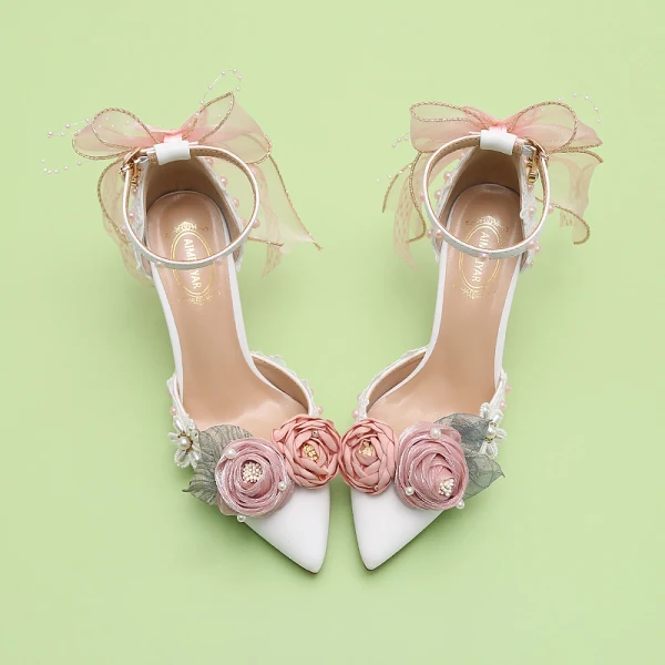Lovely White Pearl Appliques Bow Prom Womens Sandals 2024 Ankle Strap 9 cm Stiletto Heels Pointed Toe Womens Shoes High Heels