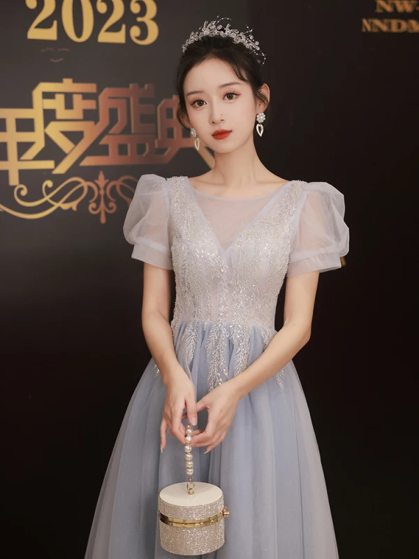 Chic / Beautiful Sky Blue Sequins Beading Prom Dresses 2023 A-Line / Princess Scoop Neck Short Sleeve Backless Floor-Length / Long Formal Dresses