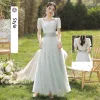 Modest / Simple Grey A-Line / Princess Bridesmaid Dresses 2024 Short Sleeve Backless Floor-Length / Long
