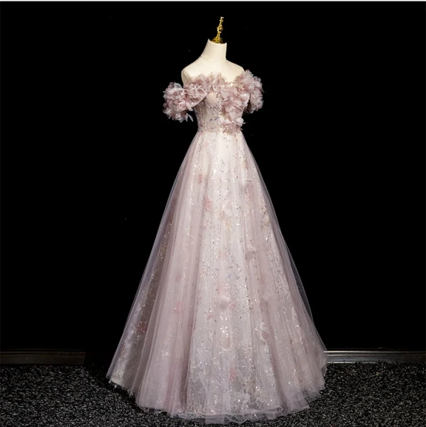 Élégant Rougissant Rose Appliques Paillettes Robe De Bal 2024 Princesse De l'épaule Manches Courtes Dos Nu Longue Promo Robe De Ceremonie
