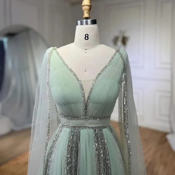 Elegante Salbeigrün Pailletten Ballkleider 2024 A Linie V-Ausschnitt Ärmellos Lange Ball Festliche Kleider