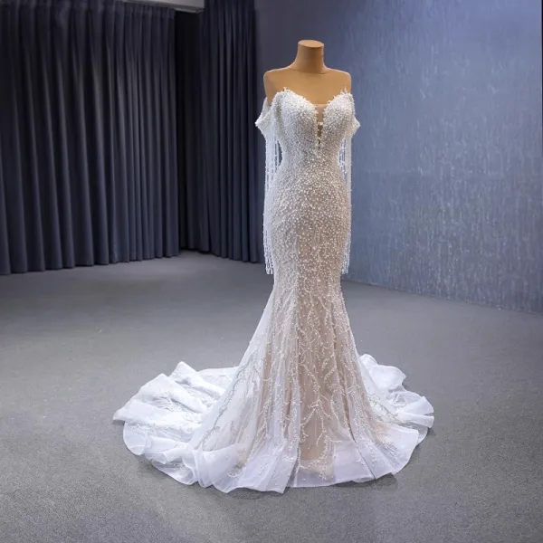 Luxury / Gorgeous Sexy White Handmade  Beading Sequins Pearl Tassel Wedding Dresses 2023 Off-The-Shoulder Trumpet / Mermaid Sleeveless Backless Sweep Train