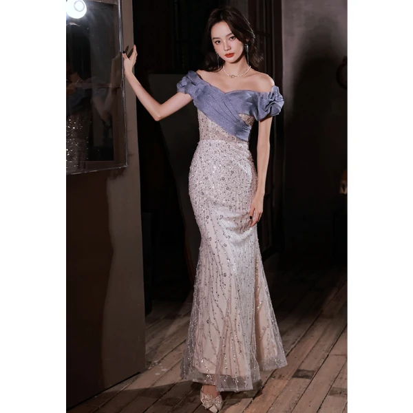 Charmant Bleu Glitter Perlage Paillettes Robe De Soirée 2023 Trompette / Sirène De l'épaule Manches Courtes Dos Nu Noeud Longue Soirée Robe De Ceremonie