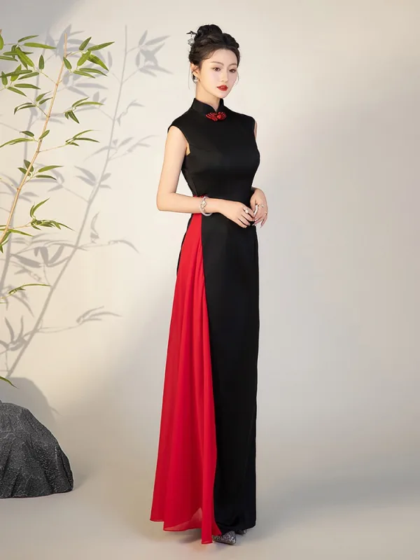 Chinese style Black Split Front Evening Party Cheongsam 2025 Trumpet / Mermaid High Neck Sleeveless Floor-Length / Long Cheongsam / Qipao