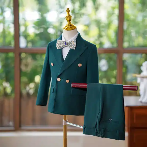 Dark Green Fall Winter Long Sleeve 5-piece Boys Wedding Suits 2024 Coat Pants Shirt Tie Vest