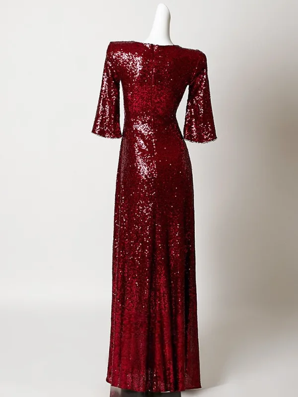 Sparkly Burgundy Rhinestone Sequins Evening Dresses 2026 Trumpet / Mermaid Scoop Neck Short Sleeve Floor-Length / Long Formal Dresses