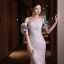 Sexy Lavendel Perlenstickerei Perle Abendkleider 2024 Meerjungfrau Off Shoulder Kurze Ärmel Rückenfreies Schleife Sweep / Pinsel Zug Abend Festliche Kleider