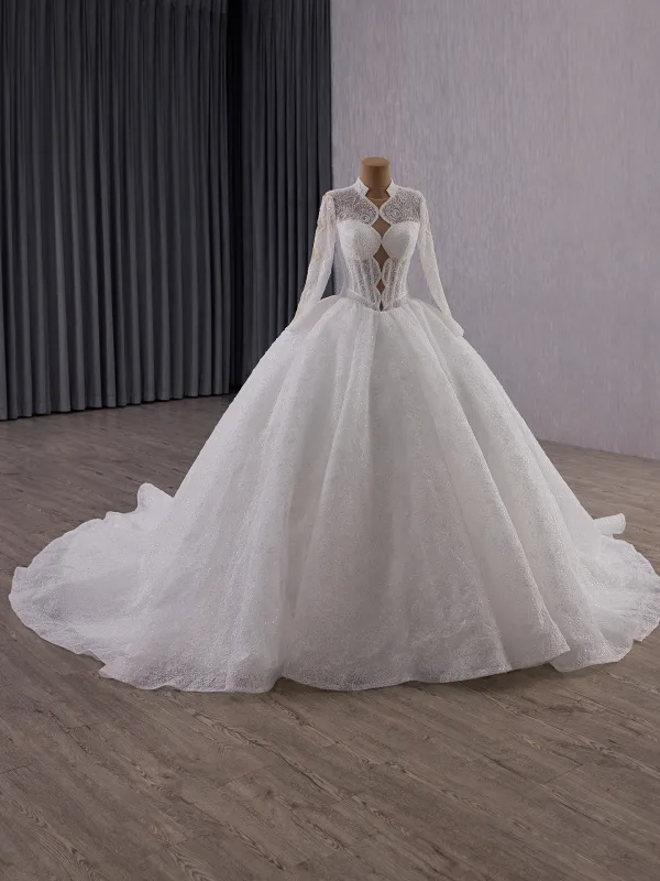 Luxury / Gorgeous White Beading Pearl Sequins Lace Flower Wedding Dresses 2025 Ball Gown High Neck Long Sleeve Backless Court Train