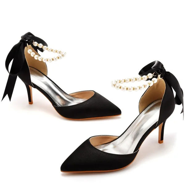 Charmant Noire Soirée Perle Bride Cheville Noeud Sandales Femme 2023 7 cm Talons Aiguilles À Bout Pointu Sandales Talons Hauts